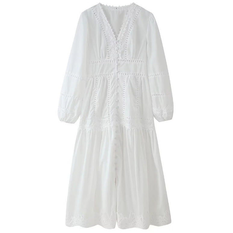 Cross-border European And American Women&#039;s AliExpress Explosions Temperament V-neck Stitching Lace Hollow-out Design Sense Long Sleeve Waisted Dress