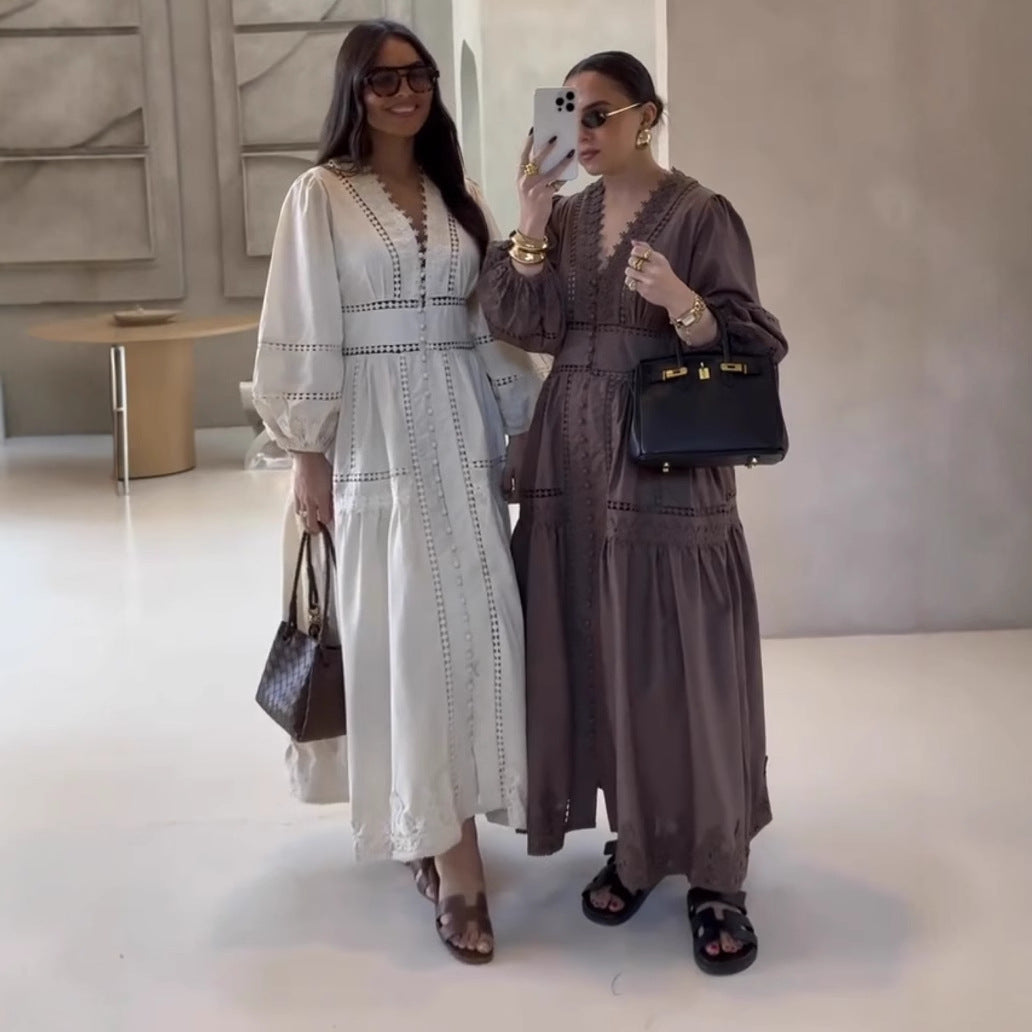 Cross-border European And American Women&#039;s AliExpress Explosions Temperament V-neck Stitching Lace Hollow-out Design Sense Long Sleeve Waisted Dress