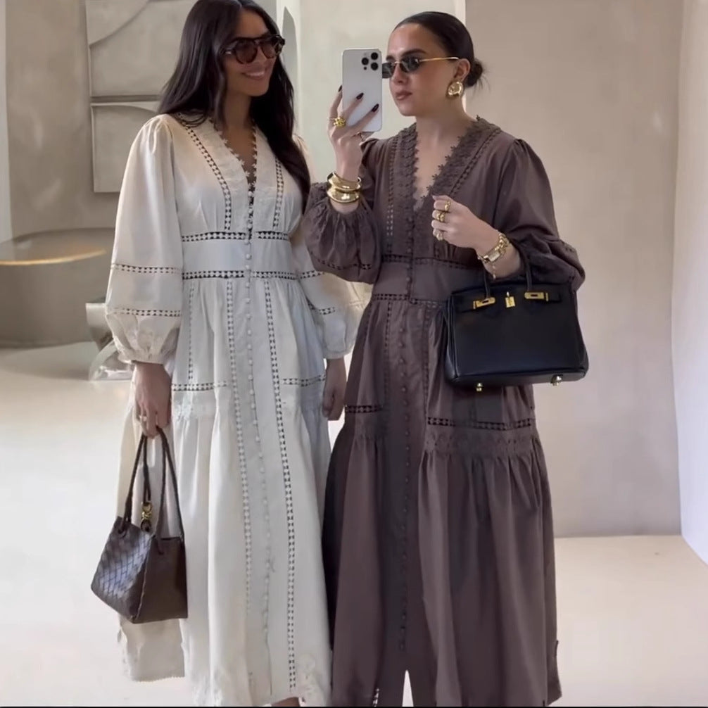 Cross-border European And American Women&#039;s AliExpress Explosions Temperament V-neck Stitching Lace Hollow-out Design Sense Long Sleeve Waisted Dress