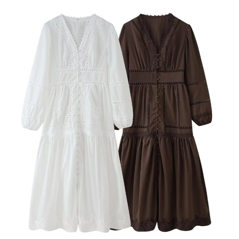 Cross-border European And American Women&#039;s AliExpress Explosions Temperament V-neck Stitching Lace Hollow-out Design Sense Long Sleeve Waisted Dress