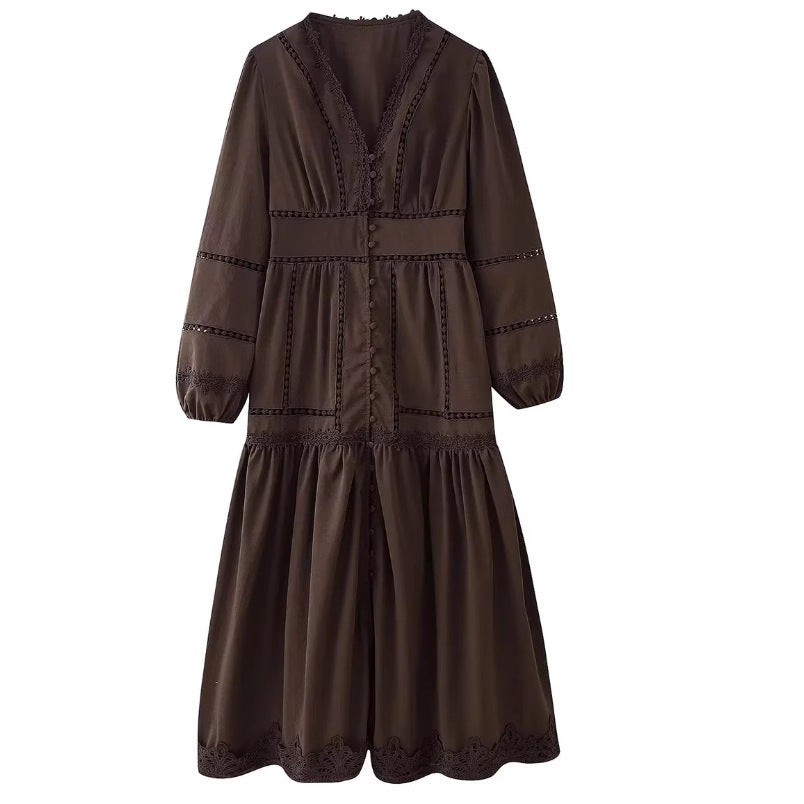 Cross-border European And American Women&#039;s AliExpress Explosions Temperament V-neck Stitching Lace Hollow-out Design Sense Long Sleeve Waisted Dress