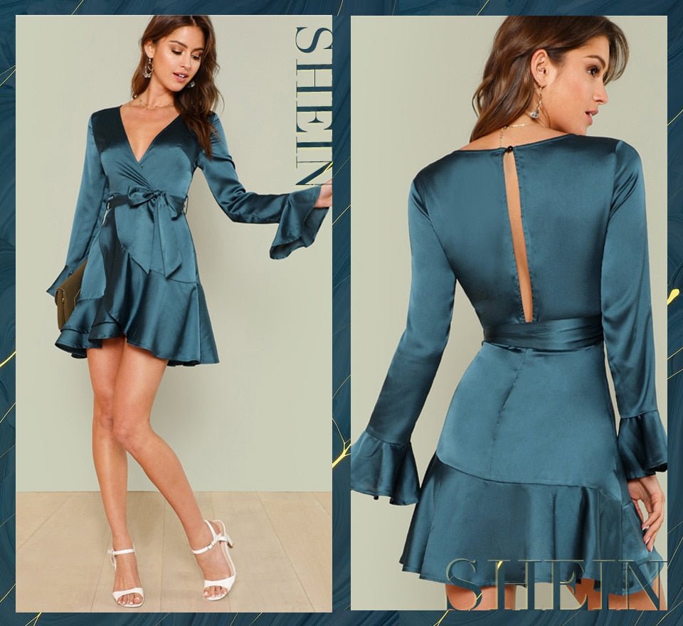 Blue Party Elegant Sexy Split Back Ruffle Trim Overlap Front Belted Deep V Neck High Waist Solid Autumn Dress For Women