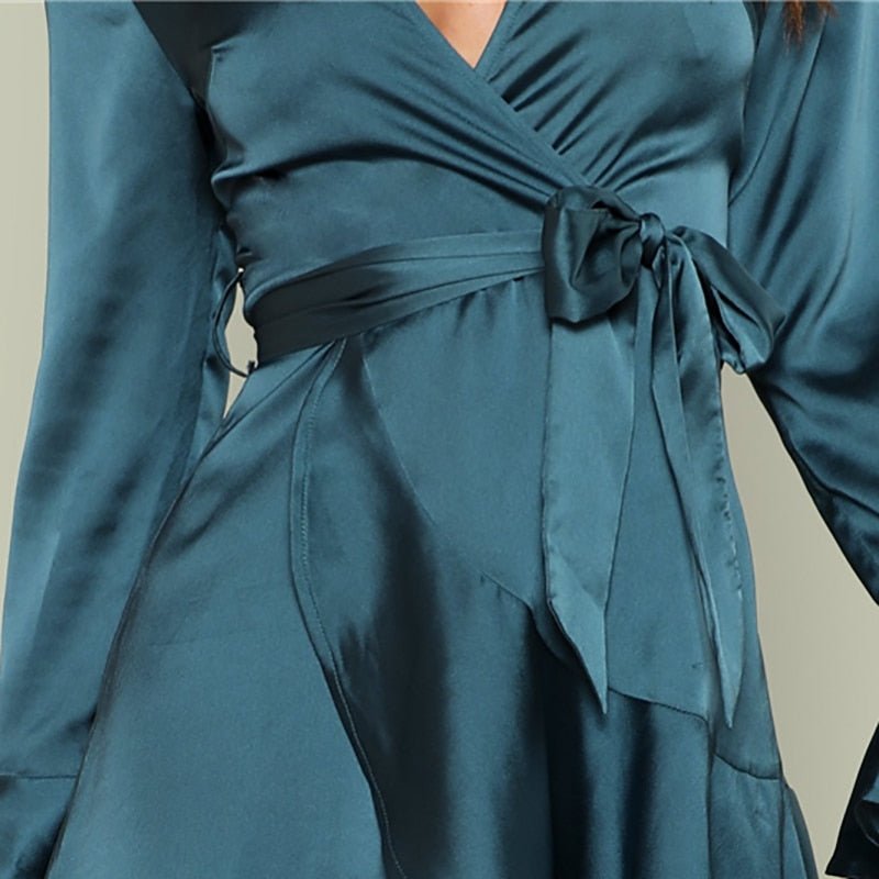 Blue Party Elegant Sexy Split Back Ruffle Trim Overlap Front Belted Deep V Neck High Waist Solid Autumn Dress For Women