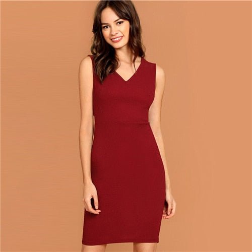 Burgundy Plunging Neck Pencil Dress Solid Sleeveless V Neck Bodycon Dress Elegant Party Autumn Modern Lady Women Dresses