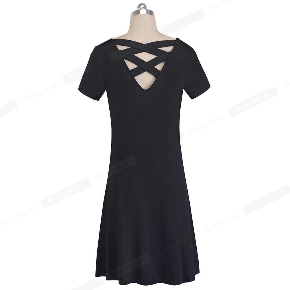 Casual Solid Color with Back Cross Shift Dresses Summer Straight Loose Women Dress