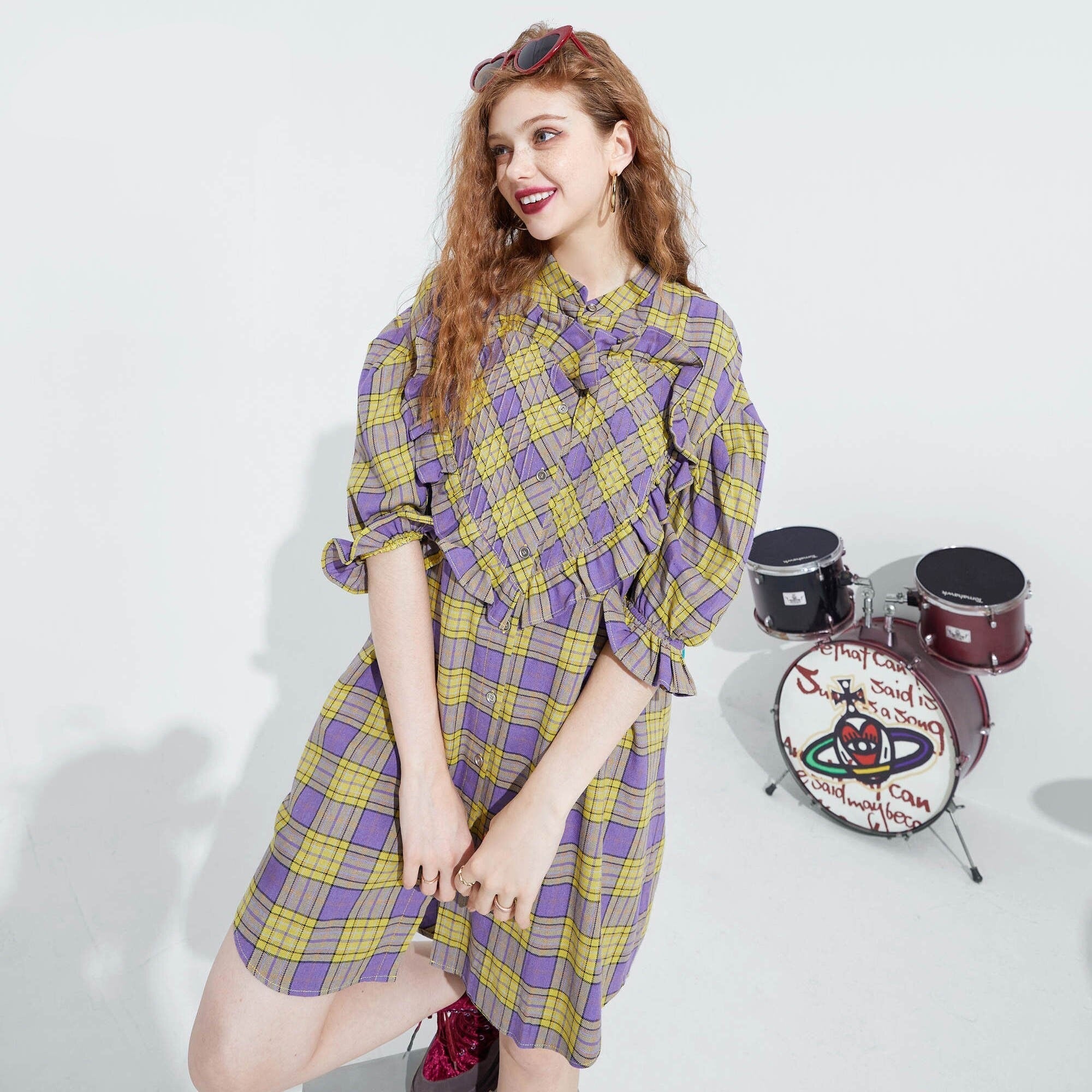 Colorblock Plaid Casual Ruffle Dress Women,Autumn Vintage,High Waist Holiday Party Dresses