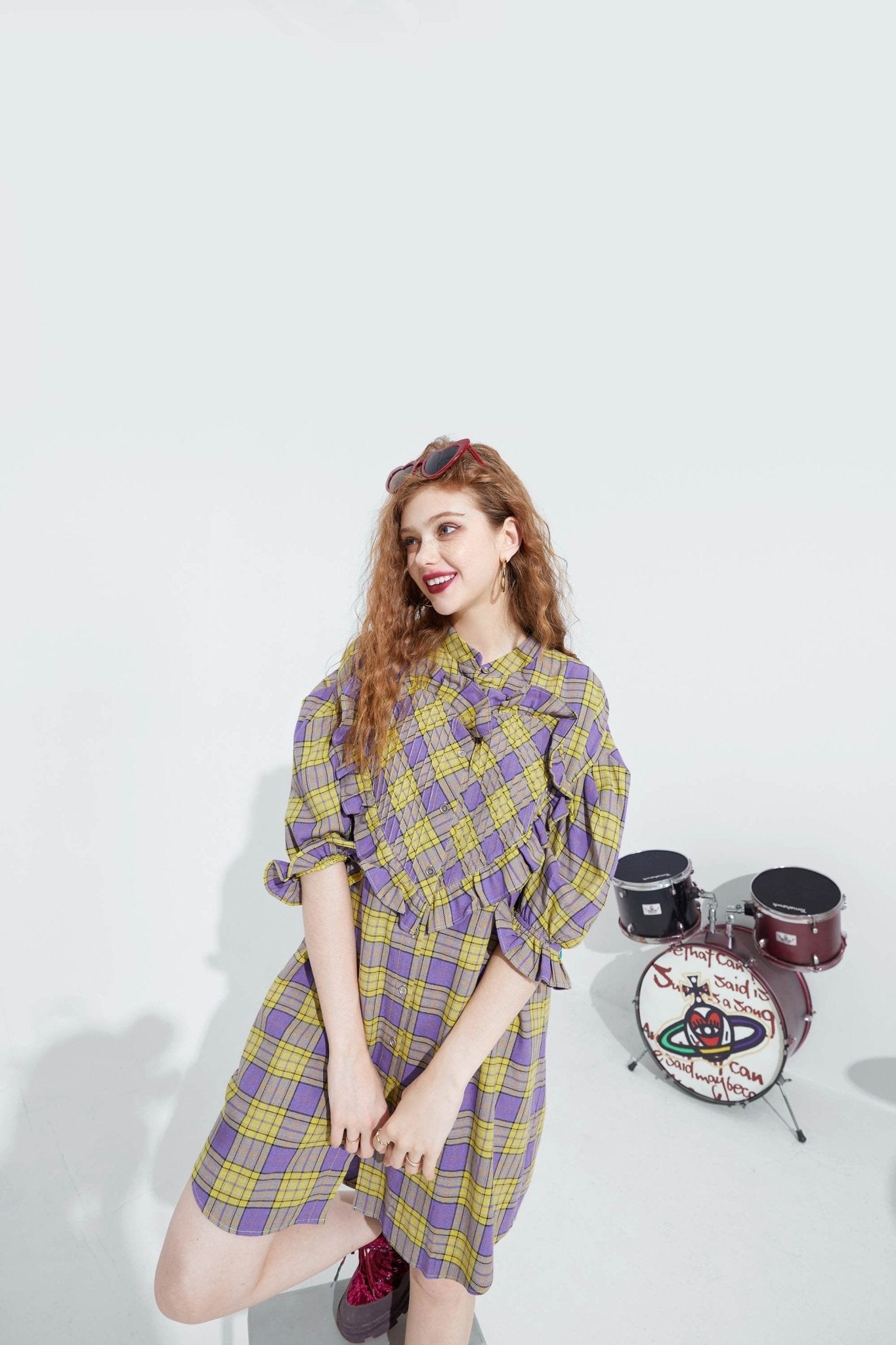 Colorblock Plaid Casual Ruffle Dress Women,Autumn Vintage,High Waist Holiday Party Dresses