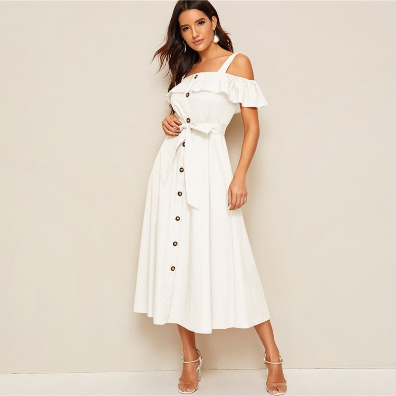 White Flounce Foldover Button Front Self Belted Dress Women Autumn Straps Cold Shoulder Solid Flared Party Long Dresses