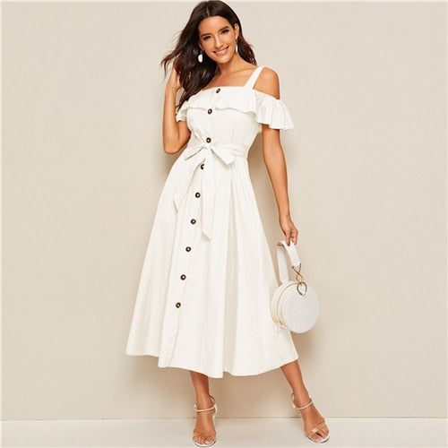 White Flounce Foldover Button Front Self Belted Dress Women Autumn Straps Cold Shoulder Solid Flared Party Long Dresses