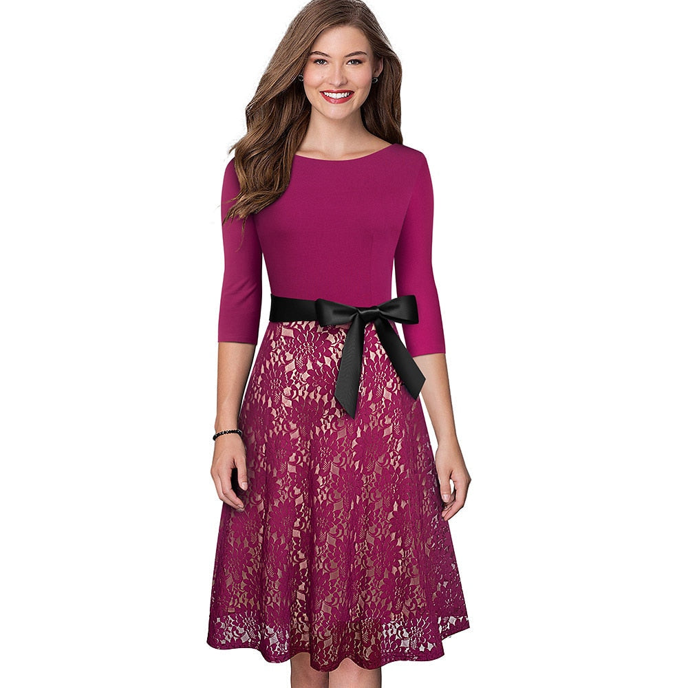 Retro Vintage Lace Patchwork with Sash Dresses Cocktail Party Flared Women Dress